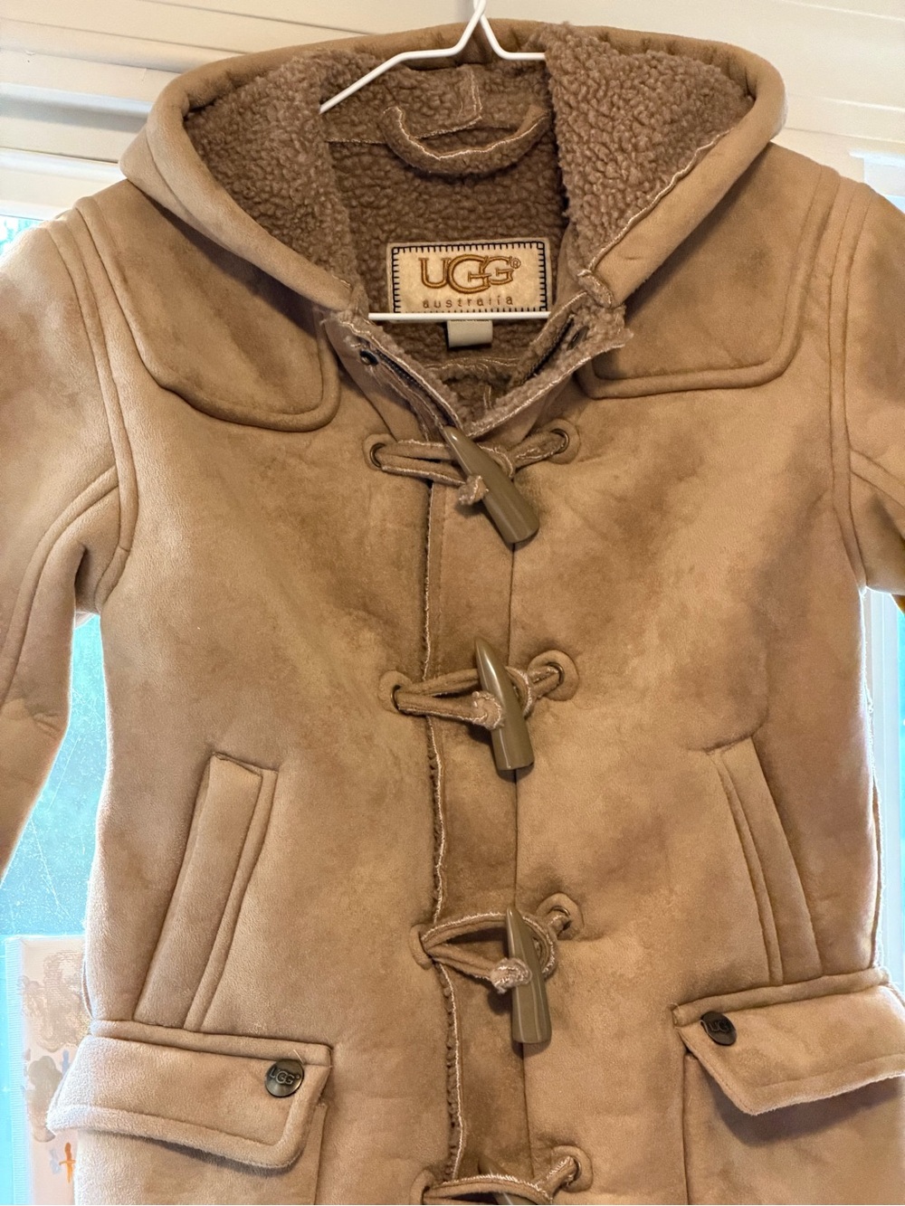 UGG Girls Size 4 Tan Suede Shearling Hooded Toggle Jacket